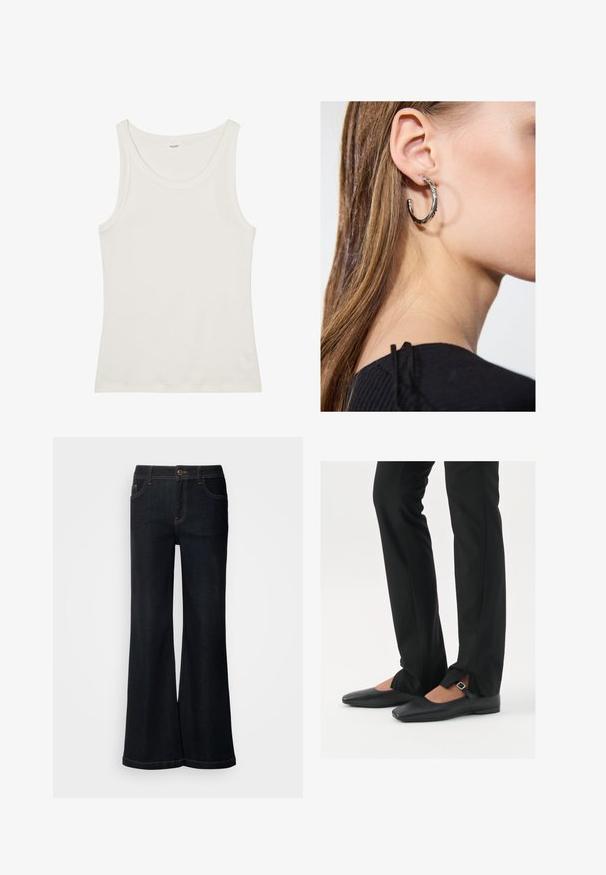 Bela bombažna majica brez rokavov z širokim izrezom in tankimi naramnicami. Gladka tekstura brez vidnih vzorcev ali okraskov.; Mos Mosh DELUXE - Široke kavbojke - dark blue; Črne usnjene balerinke s koničastim nosom, trak z srebrno zaponko, v kombinaciji s črnimi elegantnimi hlačami z razporkom na robu.; Srebrna obročasta uhana s polirano površino, ki vključuje majhne zlate poudarke in okroglo obliko, nošena na ušesnem lobu.