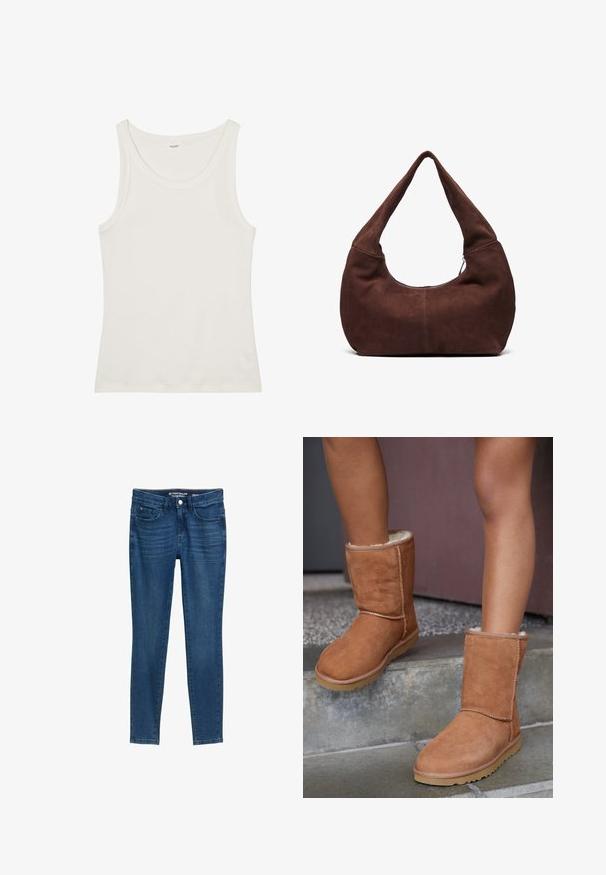 Biely bavlnený tielko s širokým výstrihom a tenkými ramienkami. Hladká textúra bez viditeľných vzorov alebo ozdôb.; Džíny z denimu v tmavomodrej farbe so slim fit strihom. Obsahujú klasický dizajn s piatimi vreckami, zapínanie na gombík a detailný šev. Hladká štruktúra.; Hnedé semišové členkové topánky s okrúhlou špičkou, jemnou podšívkou a gumovou podrážkou, s viditeľným prešívaním pozdĺž švov.; Hnedá semišová hobo taška so zakrivenou, širokou rukoväťou a veľkým otvorom. Mäkka textúra s viditeľným prešitím pozdĺž okrajov.