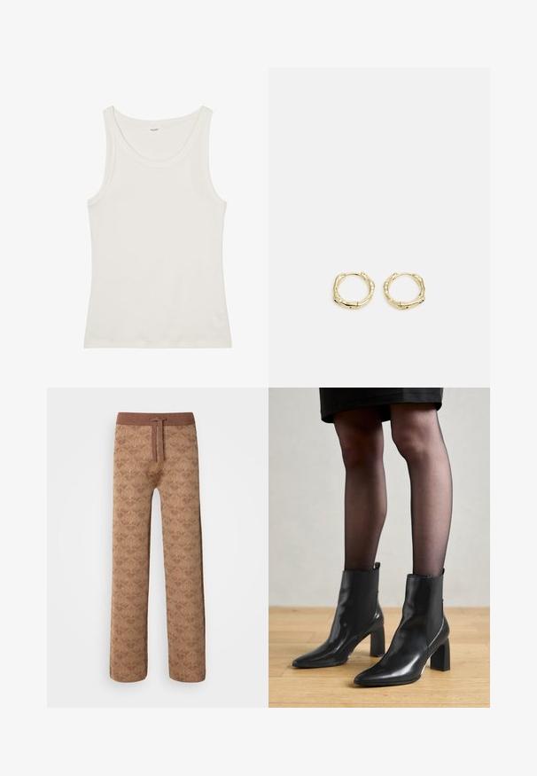 Witte katoenen tanktop met een brede halslijn en dunne schouderbandjes. Gladde textuur zonder zichtbare patronen of versieringen.; Bruine pantalon met patroon, gemaakt van een gestructureerde stof, met een elastische tailleband en drawstring, evenals een losse pasvorm.; Zwarte leren enkellaarsjes met een spitse neus, stevige vierkante hak en een fraaie uitstraling. Beschikt over elastische zijpanelen voor gemakkelijke aan- en uittrekken.; Gouden creolen met een textuur en onregelmatige vorm. Voorzien van een naadloze sluiting en een gepolijste afwerking, wat het moderne ontwerp benadrukt.