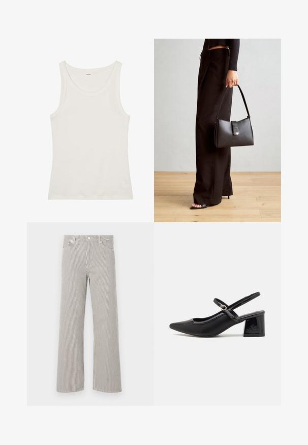Bijela pamučna majica bez rukava s širokim izrezom i tankim naramenicama. Glatka tekstura bez vidljivih uzoraka ili ukrasa.; Prugaste široke hlače od lagane tkanine. Imaju vertikalne crne i bijele pruge, pojas i pet džepova.; Crne lakirane slingback visoke potpetice s šiljastim vrhom, zaobljenim izrezom i blok potpeticom. Sadrži akcent zlatnog tona s kopčom.; Crna torba s oblikom koji sadrži strukturu, glađu teksturu i metalnu kopču. Uparena s širokim crnim hlačama i sandalama na otvorenom s drvenog poda.