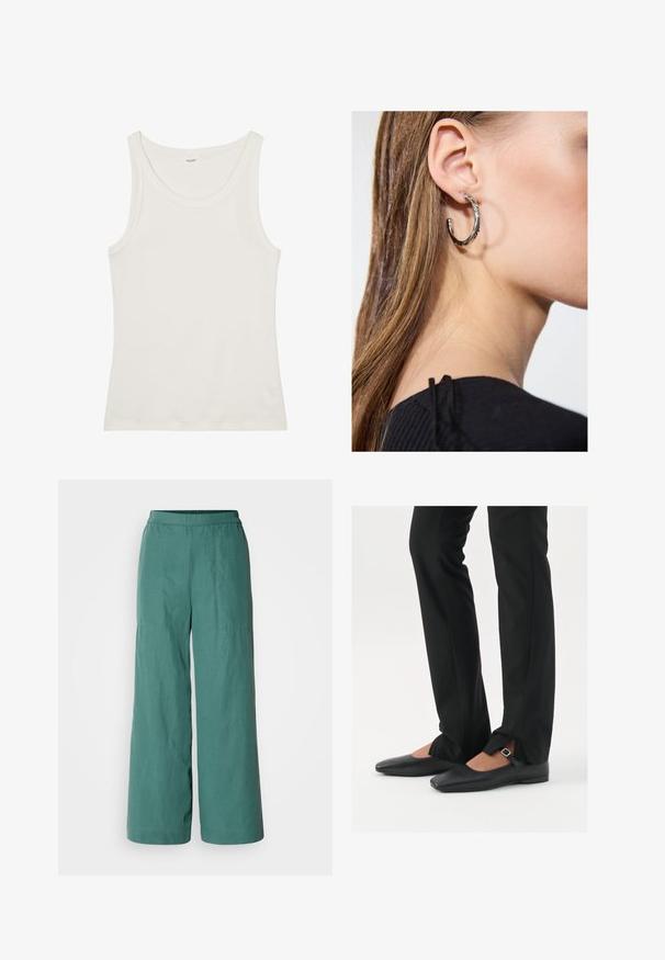 Witte katoenen tanktop met een brede halslijn en dunne schouderbandjes. Gladde textuur zonder zichtbare patronen of versieringen.; Wijde broekspijpen in een effen teal kleur, met een elastische tailleband en een lichtgewicht, gestructureerde stof. Geschikt voor casual draagmomenten.; Zwarte leren balletschoenen met een puntige neus, bandje met een zilveren gesp, gecombineerd met zwarte nauwsluitende broek met een zijsplit.; Zilveren oorbel met een gepolijste afwerking, met kleine gouden accentdetails en een ronde vorm, gedragen op de oorlel.