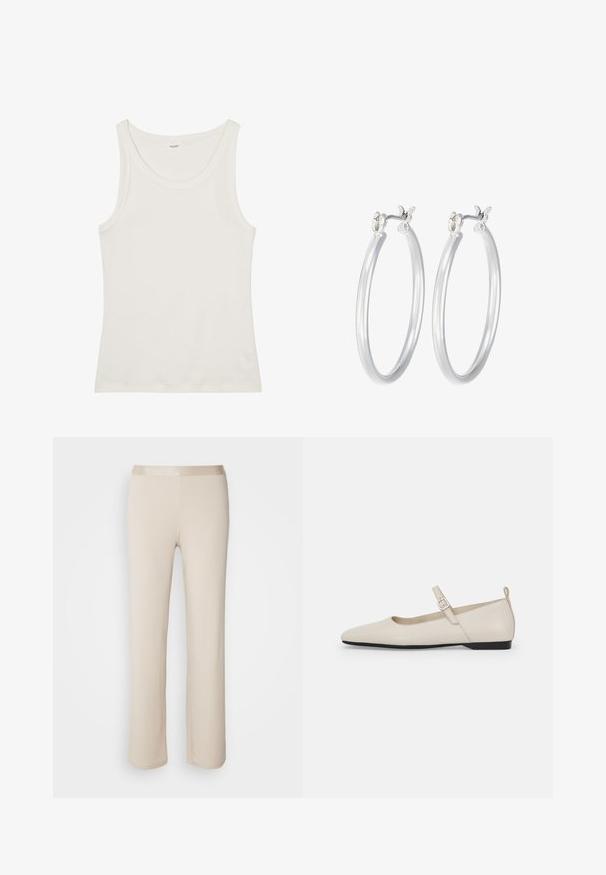 Bela bombažna majica brez rokavov z širokim izrezom in tankimi naramnicami. Gladka tekstura brez vidnih vzorcev ali okraskov.; Marc O'Polo PANTS - Hlače - beige; Bele balerinke iz belega usnja Mary Jane s špicastim nosom, stranskim zaponko in nizkim črnim peto. Gladka tekstura in minimalističen dizajn.; Srebrni obroči za ušesa z gladko, polirano površino. Okrogla oblika in varna zaponka s klikom. Lahka zasnova, primerna za vsakodnevno nošenje.