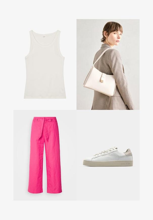 Bílý bavlněný top bez rukávů s širokým výstřihem a tenkými ramínky. Hladká textura bez viditelných vzorů nebo ozdob.; Růžové lněné kalhoty s širokými nohavicemi a páskem, které mají texturovaný povrch a kovové akcenty na pase.; Bílé kožené tenisky s hladkým povrchem, béžovými semišovými akcenty, kulatou špičkou, plochým šněrováním a texturovanou gumovou podrážkou.; Bílá kožená kabelka se strukturálním designem, s magnetickým uzávěrem a ramenním popruhem, prezentovaná na neutrálním pozadí.