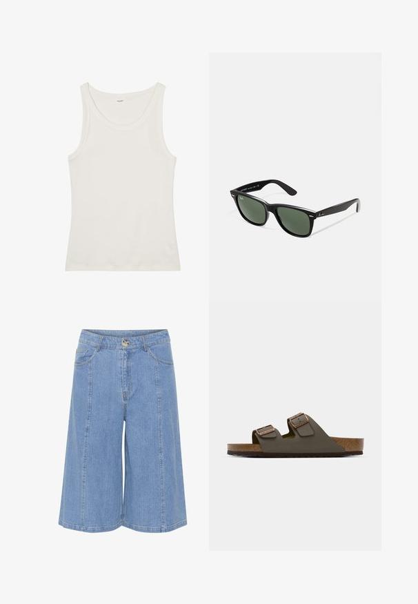 Top de algodão branco, sem mangas, com um decote largo e alças finas. Textura suave sem padrões ou adornos visíveis.; Culottes de denim azul claro com um corte largo, apresentando um fecho frontal por botão, passantes para cinto e bolsos laterais. Tecido texturizado com costura visível.; Sandal de salto slip-on verde escuro com duas correias ajustáveis e hardware em tom cobre, apresentando uma palmilha de cortiça e sola de borracha texturizada.; Óculos de sol de plástico preto com lentes verdes, armações quadradas, detalhe prateado na sobrancelha e hastes texturizadas. Marca indicada na parte interna da haste.