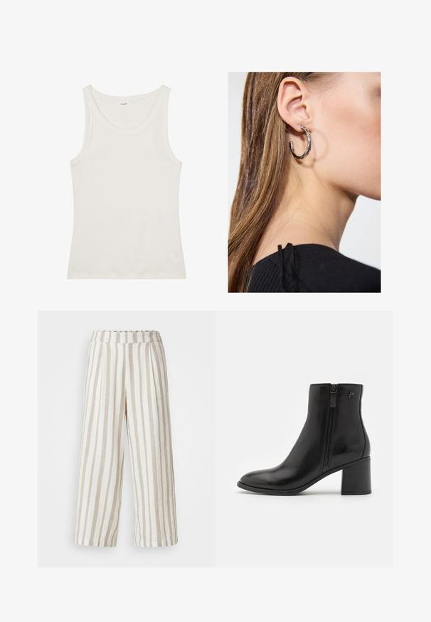 Top de algodão branco, sem mangas, com um decote largo e alças finas. Textura suave sem padrões ou adornos visíveis.; Calças largas em bege claro e riscas creme. Feitas de um tecido texturizado, com uma cintura elástica e um design plissado.; Botas de tornozelo pretas feitas de couro liso, com fecho lateral em zíper. Apresentam um bico pontudo e um salto em bloco texturizado para maior estabilidade.; Brinco de argola prateada com acabamento polido, apresentando pequenos detalhes em dourado e uma forma redonda, usado na orelha.