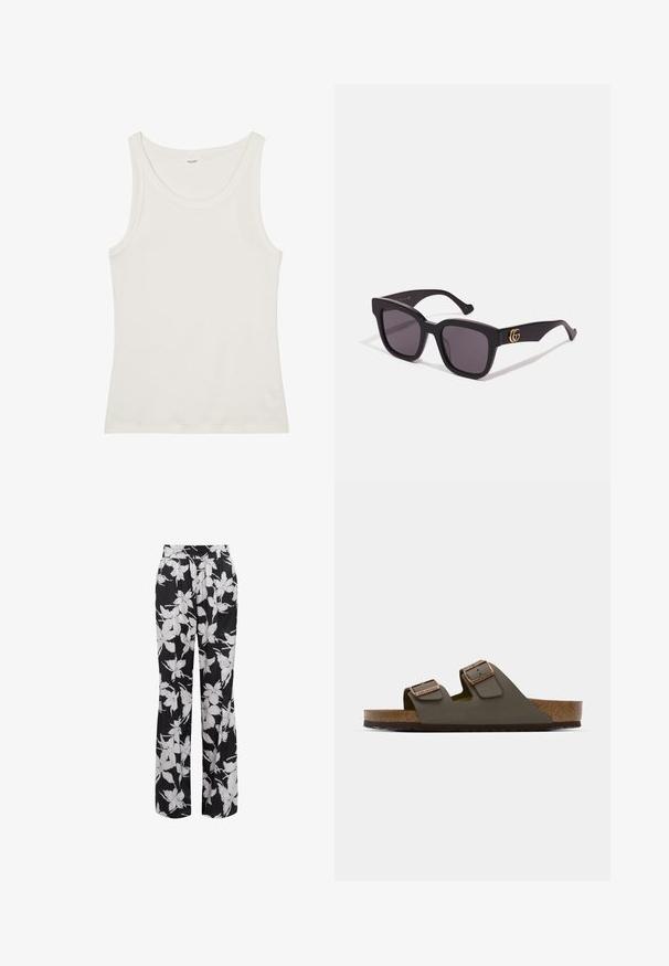 Débardeur en coton blanc avec un col large et de fines bretelles. Texture lisse sans motifs ni embellissements visibles.; Pantalons floraux noirs avec une coupe décontractée. Présente des motifs de fleurs blanches et une taille élastique. Fabriqué en tissu lisse et léger.; Sandale à enfiler vert foncé avec deux sangles réglables et des éléments en cuivre, dotée d'une semelle en liège et d'une semelle en caoutchouc texturée.; Lunettes de soleil noires en forme de carré avec des verres sombres, présentant des accents de logo dorés sur les branches et une finition mate. Design angulaire pour un look audacieux.
