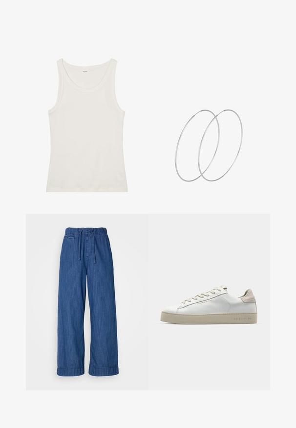 Biała bawełniana koszulka na ramiączkach z szerokim dekoltem i cienkimi ramiączkami. Gładka faktura bez widocznych wzorów czy zdobień.; Niebieskie, szerokie spodnie dżinsowe z elastycznym pasem i sznurkiem do regulacji, z małym detalem kieszonki z przodu.; Białe skórzane sneakersy o gładkim wykończeniu, beżowe zamszowe akcenty, okrągły czubek, płaski system wiązania i teksturowana gumowa podeszwa.; Srebrne kolczyki w formie obręczy o minimalistycznym designie. Okrągły kształt, gładka faktura i cienki profil. Lekkie, z polerowanym wykończeniem.