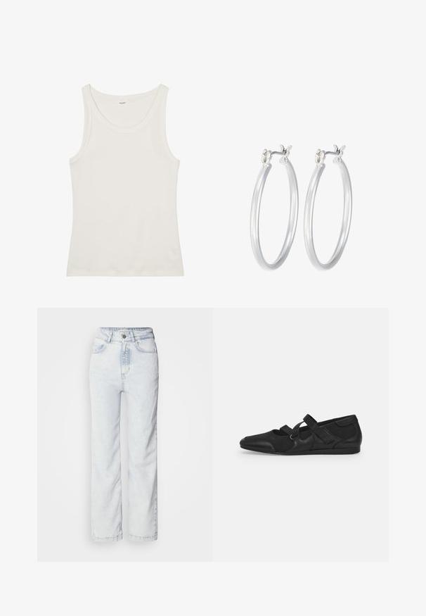 Biała bawełniana koszulka na ramiączkach z szerokim dekoltem i cienkimi ramiączkami. Gładka faktura bez widocznych wzorów czy zdobień.; Jasnoniebieskie jeansy z wysokim stanem o prostym kroju, wykonane z denimu. Posiadają zapięcie na guziki, pięć kieszeni oraz subtelnie wyblakłą strukturę.; Czarne płaskie buty z miękką, teksturowaną cholewką, wyposażone w dwie regulowane klamry oraz okrągły czubek, osadzone na płaskiej gumowej podeszwie.; Srebrne kolczyki w formie kółek o gładkim, polerowanym wykończeniu. O okrągłym kształcie i pewnym zapięciu na klik. Lekka konstrukcja odpowiednia do codziennego noszenia.