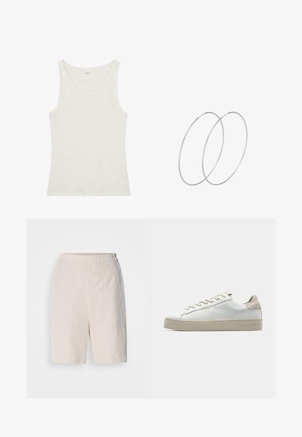 Biely bavlnený tielko s širokým výstrihom a tenkými ramienkami. Hladká textúra bez viditeľných vzorov alebo ozdôb.; Krémové šortky s voľným strihom, s plochým predným dielom, elastickým pásom a jemnými švovými detailmi po stranách.; Biele kožené tenisky s hladkým povrchom, béžové sametové akcenty, okrúly špička, plochý dizajn na šnurovanie a štruktúrovaná gumová podrážka.; Strieborné kruhové náušnice s minimalistickým dizajnom. Cirkulárny tvar, hladký povrch a tenký profil. Ľahké s lesklým povrchom.