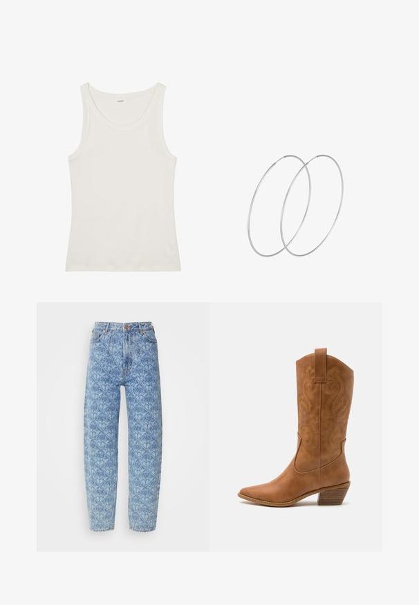 Bela bombažna majica brez rokavov z širokim izrezom in tankimi naramnicami. Gladka tekstura brez vidnih vzorcev ali okraskov.; Svete modre hlače z visokim pasom, z geometrijskim vzorcem, naravnost krojene, s šivanimi detajli in naušniki v bakreni barvi.; Rjavi usnjeni kauboj čevlji s koničastim nosom, vezenimi vijugastimi vzorci na zgornjem delu in zloženim kvadratnim peto. Imajo zanko za enostavno obuvanje.; Srebrne uhane v obliki obroča z minimalističnim dizajnom. Krožna oblika, gladka tekstura in tanek profil. Lahki s poliranim zaključkom.