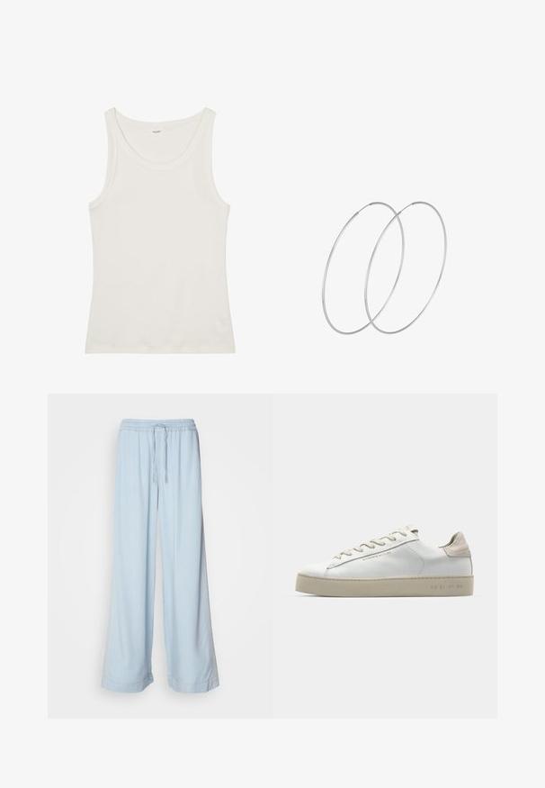 White cotton tank top with a wide neckline and thin shoulder straps. Smooth texture with no visible patterns or embellishments.; Light blue wide-leg pants with an elastic waistband and drawstring, featuring a smooth fabric and subtle stitching detail on the sides.; White leather sneaker with a smooth finish, beige suede accents, round toe, flat lace-up design, and a textured rubber sole.; Silver hoop earrings with a minimalist design. Circular shape, smooth texture, and thin profile. Lightweight with a polished finish.