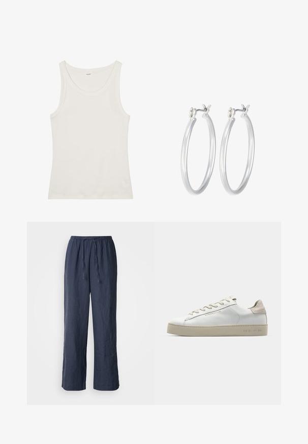 Balta medvilnės marškinėliai be rankovių su plačiu kaklu ir plonomis petnešėlėmis. Lygus paviršius be matomų raštų ar papuošimų.; Tamsiai mėlynos lininės kelnės su elastingu liemeniu, raišteliu, plačia kojos forma ir tekstūruotu paviršiu.; Balti odiniai sportbačiai su lygiu paviršiumi, šviesiai rudos suede akcentais, apvalia nosimi, plokščiu raištelių užsegimu ir tekstūruotu guma pagamintu padu.; Sidabriniai auskarai su sklandžiu, poliruotu paviršiumi. Apvalios formos ir saugus uždarymo mechanizmas. Lengvas dizainas, tinkantis kasdieniam dėvėjimui.