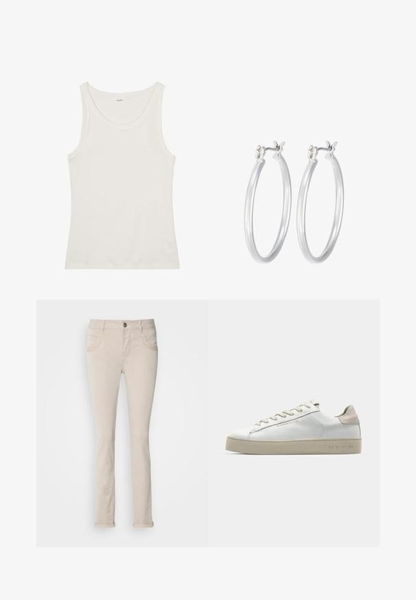 Bijela pamučna majica bez rukava s širokim izrezom i tankim naramenicama. Glatka tekstura bez vidljivih uzoraka ili ukrasa.; Bež pamukice s uskim krojem, s dva prednja džepa i omotanim manžetama. Ravna prednja strana s kopčanjem na dugme i minimalnim detaljem šivanja.; Bijele kožne tenisice s glatkom površinom, bež nubuk detalji, okrugli vrh, ravni dizajn s vezicama i strukturirana gumena potplat.; Srebrne kružne naušnice s glatkom, poliranom površinom. Okrugli oblik i sigurno kopčanje na klik. Lagani dizajn pogodan za svakodnevno nošenje.
