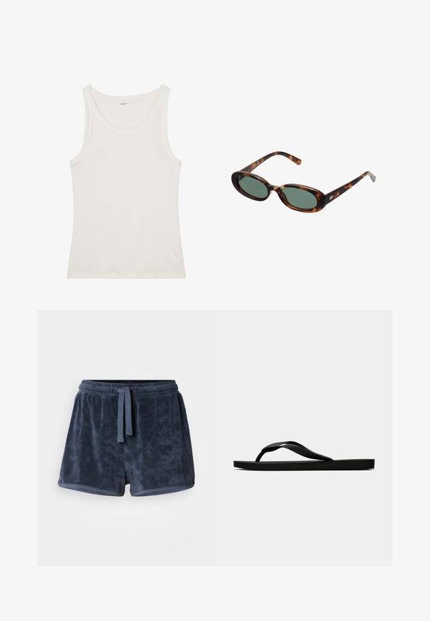 Biała bawełniana koszulka na ramiączkach z szerokim dekoltem i cienkimi ramiączkami. Gładka faktura bez widocznych wzorów czy zdobień.; Granatowe szorty z frotte z elastycznym paskiem w talii, regulowanym sznurkiem i małym haftowanym logo z boku. Miękka tekstura.; Czarne gumowe klapki z teksturowanym paskiem i prostą płaską podeszwą, przedstawione z boku na jasnym jednolitym tle.; Okulary przeciwsłoneczne w kolorze tortoise z owalnymi oprawkami i zielonymi soczewkami. Posiadają cienkie zauszniki z metalowym akcentem przy zawiasach.