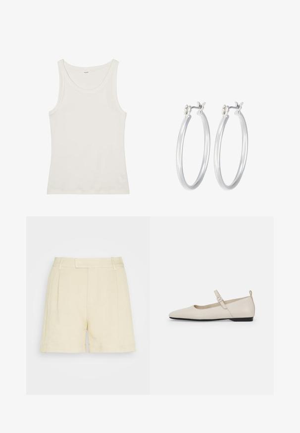 Bílý bavlněný top bez rukávů s širokým výstřihem a tenkými ramínky. Hladká textura bez viditelných vzorů nebo ozdob.; Lindex MARIA - Šortky - beige; Bílé kožené baleríny Mary Jane s špičatou špičkou, postranním sponou a nízkým černým podpatkem. Hladká textura a minimalistický design.; Stříbrné kruhové náušnice s hladkým, lesklým povrchem. Kulatý tvar a bezpečné zapínání na klip. Lehký design vhodný pro každodenní nošení.