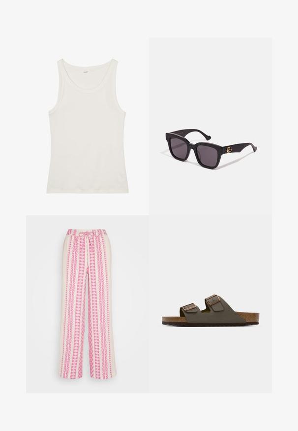 Bijela pamučna majica bez rukava s širokim izrezom i tankim naramenicama. Glatka tekstura bez vidljivih uzoraka ili ukrasa.; Hlače širokih nogavica s roza i bijelim geometrijskim prugama te elastičnim pojasom s vezicom.; Tamnozelene natikače s dva podesiva remena i mjedenim detaljima, s plitkim uloškom od pluta i teksturiranom gumenom potplatom.; Crne sunčane naočale u obliku kvadrata s tamnim lećama, s zlatnim logotipom na sljepočnicama i mat završnom obradom. Kutni dizajn za hrabri izgled.