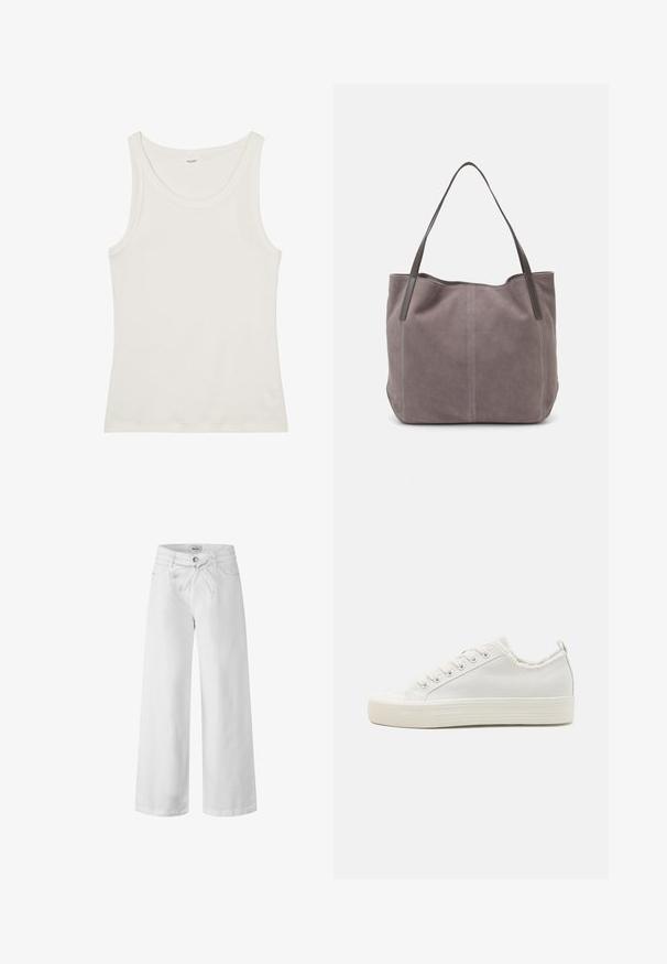 Weißes Baumwolltanktop mit weitem Ausschnitt und dünnen Schulterträgern. Glatte Textur ohne sichtbare Muster oder Verzierungen.; Weiße, weite Jeanshosen aus Denim mit verstellbarem Bund, seitlichen Taschen und Knopfverschluss. Glatte Textur und schlichtes Design.; Weiße Leinenschuhe mit strukturiertem Obermaterial, runder Zehenkappe, flacher Sohle und Schnürverschluss. Merkmale umfassen einen leicht ausgefransten Kragen und eine Zugschlaufe.; Graue Wildleder-Tasche mit zwei dunklen Ledergriffen. Verfügt über gestickte Details an den Seiten, eine weiche Textur und eine geräumige Öffnung.; Vier Silberringe mit unterschiedlichen Designs: gedrehter Ring, geschichtete Kurven, zarte Kristalle und ein glatter Ring mit kleinen Akzenten.