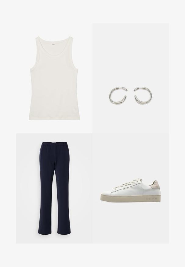 White cotton tank top with a wide neckline and thin shoulder straps. Smooth texture with no visible patterns or embellishments.; Navy blue, straight-leg pants made from stretchy fabric with an elastic waistband and two front pockets. Smooth texture, no visible patterns.; White leather sneaker with a smooth finish, beige suede accents, round toe, flat lace-up design, and a textured rubber sole.; Silver hoop earrings with a smooth, rounded design and a sleek, polished finish. Features a minimalistic shape with a slight opening.