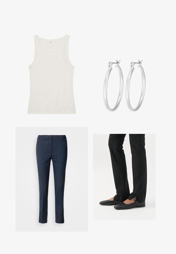 Valkoinen puuvillainen hihaton paita, jossa on leveä pääntie ja ohuet olkaimet. Sileä pinta ilman näkyviä kuvioita tai koristeita.; Navy sinikolivret puvut, jotka on valmistettu kudotusta kankaasta. Niissä on mukautettu istuvuus, suora lahje ja etutaskut, sekä sileä pinta.; Musta nahkakengät balettityylillä, kärjessä terävä muoto, hihna hopeasoljella, yhdistetty mustiin räätälöityihin housuihin, joissa on halkiohelma.; Hope-silver rengas, joissa on sileä ja kiillotettu pinta. Pyöreä muoto ja turvallinen napsautettava lukitus. Kevyt muotoilu sopii päivittäiseen käyttöön.