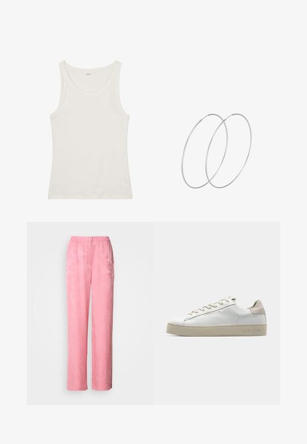 White cotton tank top with a wide neckline and thin shoulder straps. Smooth texture with no visible patterns or embellishments.; Pink, wide-leg trousers made from textured fabric with a subtle leaf pattern. Features a high waistband and pleated front for a relaxed fit.; White leather sneaker with a smooth finish, beige suede accents, round toe, flat lace-up design, and a textured rubber sole.; Silver hoop earrings with a minimalist design. Circular shape, smooth texture, and thin profile. Lightweight with a polished finish.
