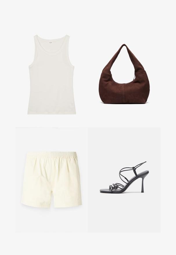 Hvit bomullstopp med vid halsutskjæring og tynne skulderstropper. Glatt tekstur uten synlige mønstre eller dekorasjoner.; Lys gule bomullsshorts med elastisk midjebånd, med en avslappet passform og myk tekstur, uten synlige mønstre eller detaljer.; Svart høye hælsandaler har tynne stropper med en knyttet design, en glatt firkantet tå og en elegant stiletto-hæl.; Brun fløyelsveske med en buet, bred håndtak og en stor åpning. Mykt tekstur med synlig søm-detaljering langs kantene.