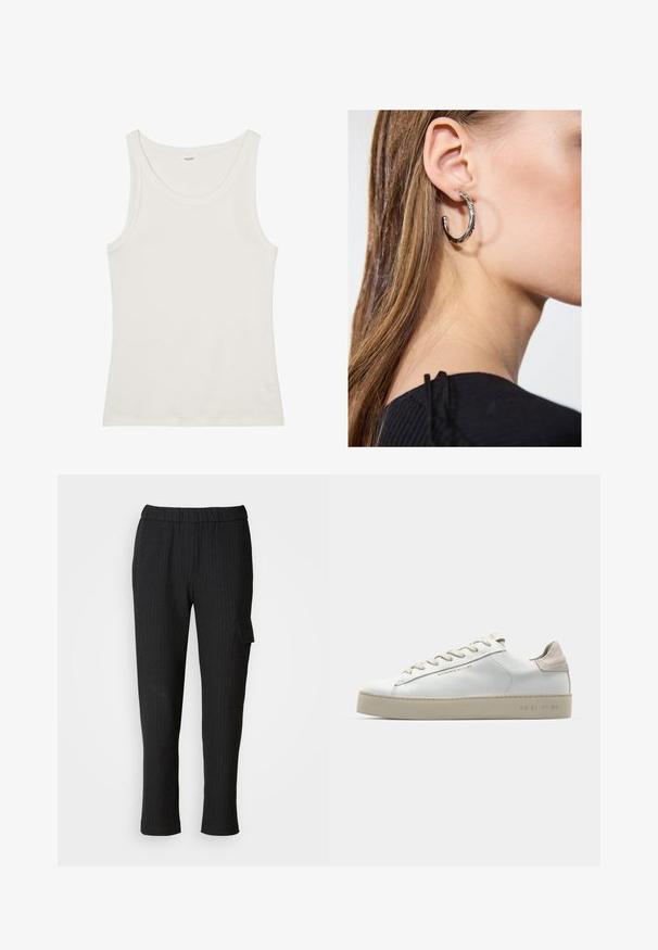 Bela bombažna majica brez rokavov z širokim izrezom in tankimi naramnicami. Gladka tekstura brez vidnih vzorcev ali okraskov.; Črne hlače z pinstripi z elastičnim pasom in ravnim krojem. Imajo stranski žep s pokrovom, narejene so iz gladkega materiala.; Bela usnjena športna obutev z gladko površino, bež semiš detajli, okroglo prst, ravna vezna zasnova in teksturiran gumijast podplat.; Srebrna obročasta uhana s polirano površino, ki vključuje majhne zlate poudarke in okroglo obliko, nošena na ušesnem lobu.