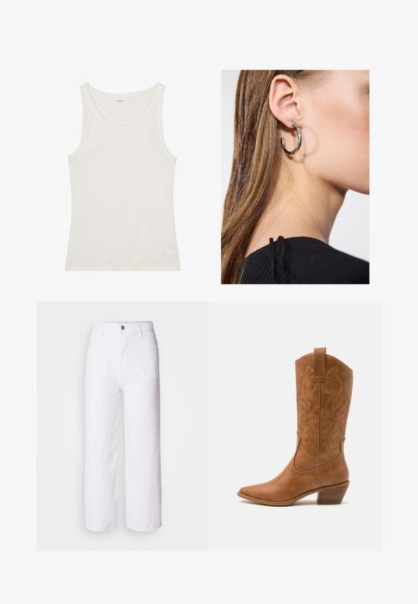 Balta kokvilnas topiņa ar platu kakla izgriezumu un plānām plecu lencēm. Gluda tekstūra bez redzamām apdrukām vai rotājumiem.; Baltas denims ar platām kājām, ar pogu aizdari, jostas cilpām, divām priekšējām kabatām un vienu aizmugurējo kabatu. Izturīgs un struktūras audums.; Brūni ādas kovboju zābaks ar norādītu purngalu, izšūtām viļņveida apakšējo detaļu un sakrautajiem blokiem. Iezīmēts ar velkšanas cilpu ērtai uzvilkšanai.; Sudraba auskars ar pulētu apdari, ar maziem zelta akcentiem un apaļu formu, uz ausu ļipiņas.