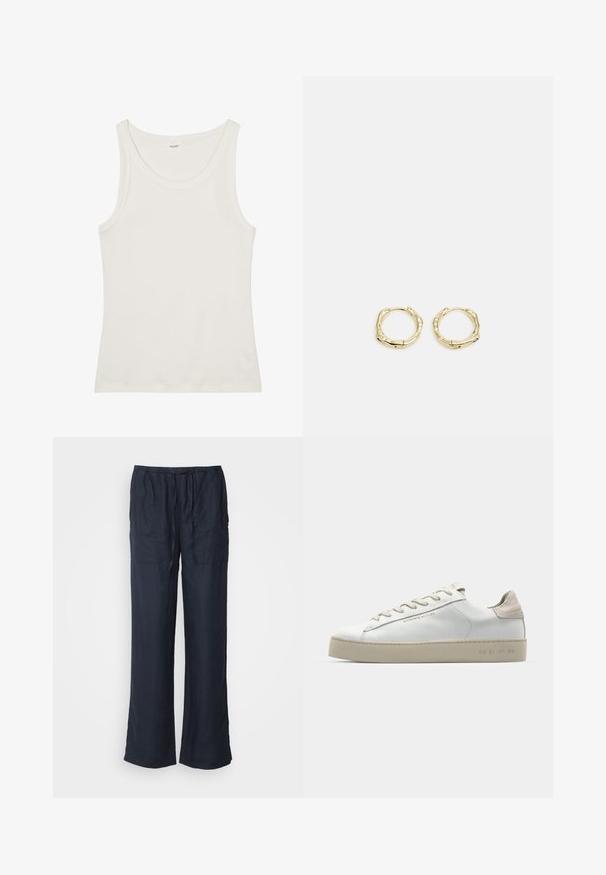 Balta kokvilnas topiņa ar platu kakla izgriezumu un plānām plecu lencēm. Gluda tekstūra bez redzamām apdrukām vai rotājumiem.; Marc O'Polo PANTS JOGGER STYLE STRAIGHT LEG MEDIUM WAIST DRAWSTRING - Auduma bikses - deep blue sea; Baltas ādas sporta apavi ar gludu virsmu, bēšas zamša akcenti, apaļa pirksta forma, plakans šņorēšanas dizains un tekstūrota gumijas zole.; Zelta riņķveida auskari ar tekstūru un neregulāru formu. Iekļauj bezšuvju aizdari un pulētu virsmas apdari, uzsverot mūsdienīgu dizainu.