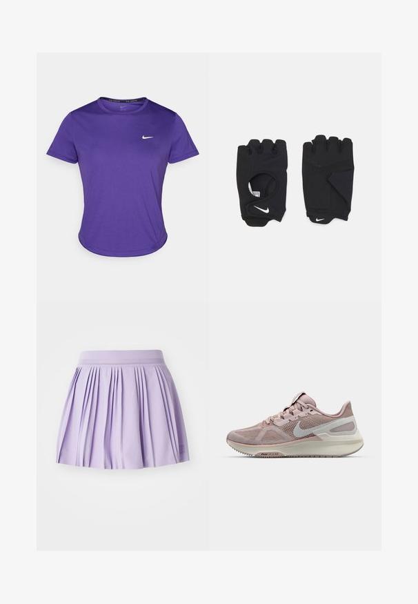 Ibolya színű sportpóló, nedvességelvezető anyagból készült, rövid ujjal és kerek nyakkivágással. A mellkasán egy kis fehér logó található.; Lila redős szoknya sima textúrával, rugalmas derékkal és kis logóval az alján. Feszes vonalvezetésre tervezve.; Nike futócipő világos rózsaszín és szürke hálós felsőrésszel, párnázott talppal és lekerekített orral. Az oldalán kiemelkedő swoosh logóval.; Fekete, ujj nélküli kesztyűk rugalmas anyagból, nyitott tenyér dizájnnal, tapadós részletekkel és fehér Nike logóval.