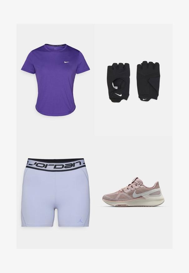 Lilla treningstrøye laget av fukttransporterende stoff, med kortermet og crew neck. Liten hvit logo på brystet.; Lyse lilla treningsshorts med en svart Jordan-logo i livet. Laget av glatt, elastisk materiale, med forsterket søm langs sømmene.; Nike løpesko med nettverksoverdel i lys rosa og grå, med en polstret såle og en avrundet tådesign. Utsmykket med swoosh-logo.; Sorte fingerløse hansker laget av elastisk materiale, med design for åpen håndflate, grepdetaljer og Nike-logo i hvitt.