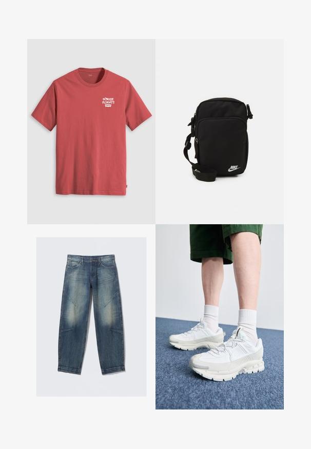 T-shirt de algodão vermelho com mangas curtas e decote redondo, apresentando texto branco que diz "HOUSE PLANT'S" acima de um logotipo da Levi's no lado esquerdo do peito.; Jeans de denim desbotado azul com bolsos frontais, um fecho de botão e zipper, e detalhes de costura angulada nas pernas.; Sapatos atléticos brancos com sobreposições texturizadas, sola espessa e detalhes em cinza. Usados com meias brancas até ao tornozelo e calções verdes sobre uma superfície azul.; Bolsa transversal preta de nylon com alça ajustável, compartimentos com fecho éclair e um logótipo branco da Nike na parte da frente. Textura suave, forma retangular.