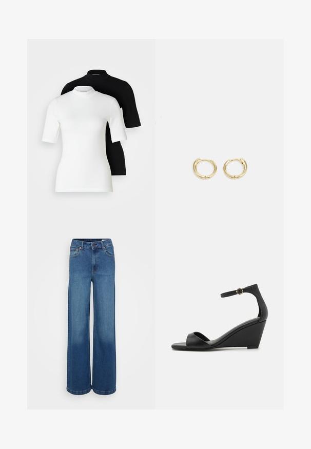 Dwa krótkie topy z golfem: jeden biały, a drugi czarny. Oba wykonane z gładkiego, rozciągliwego materiału o dopasowanym kroju i okrągłych dekoltach.; Gap Tall SUTTON granatowy; Czarne sandały na koturnie z gładką, matową skórzaną cholewką, otwartym nosem i cienkim paskiem wokół kostki z ozdobną klamrą.; Złote kolczyki w kształcie obręczy o gładkim, zaokrąglonym wzornictwie. Posiadają małe zapięcie na zawias, lekką konstrukcję i błyszczące wykończenie.