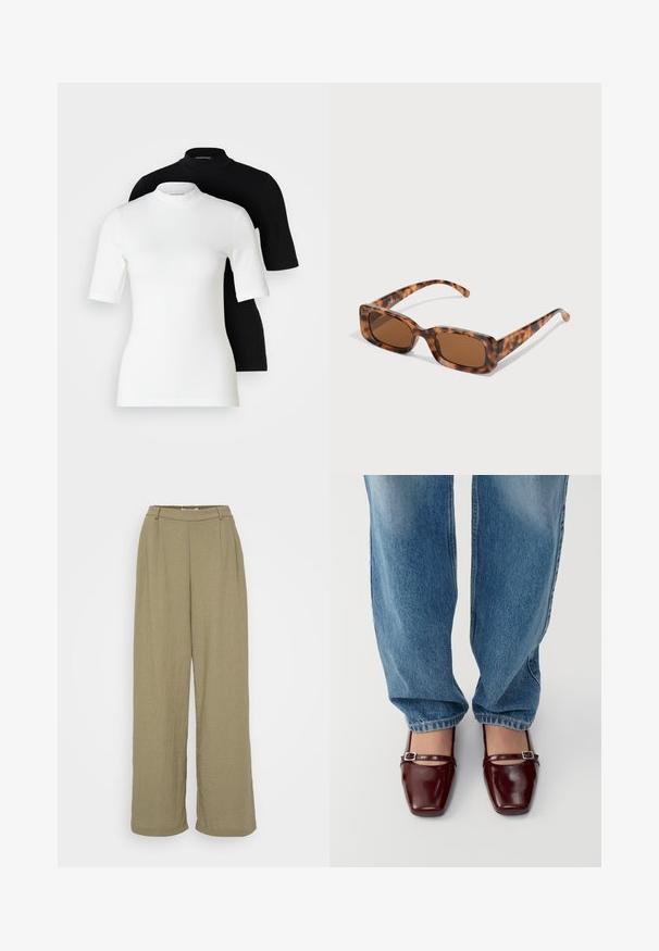 Dve majice s kratkimi rokavi in turtleneck ovratnikom: ena bela in ena črna. Obe sta narejeni iz gladkega, raztegljivega materiala s prilegajočimi silhuetami in okroglim izrezom.; Olivno zeleni hlače širokih nogavic, izdelane iz strukturirane tkanine, z visokim pasom in gubanim sprednjim delom. Enostavna in sproščena zasnova.; Burgundske patentin gumi čevlje s kvadratnim nosom in trakom okrog gležnja, v kombinaciji s svetlo modrimi lahkotnimi džinsom. Čevlji imajo sijoč zaključek.; Želve sunčane naočale s pravokutnim smešnim lećama, debelim okvirom i tankim ručkama s uzorkom različitih nijansi smeđe boje.; Srebrne obročaste uhane z gladko, polirano površino. Dva para z rahlo različnimi velikostmi. Preprost, krožen oblikovanje, lahki.