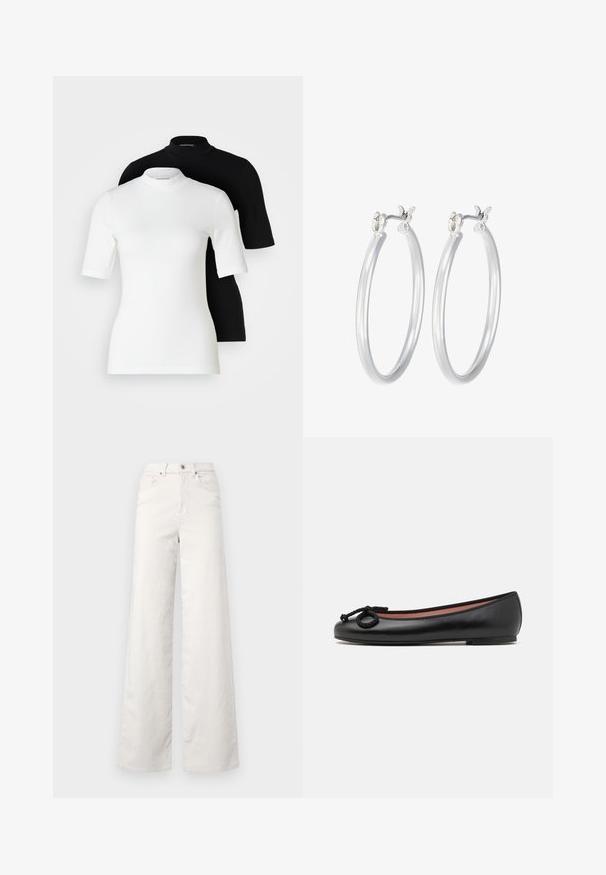 Dwa krótkie topy z golfem: jeden biały, a drugi czarny. Oba wykonane z gładkiego, rozciągliwego materiału o dopasowanym kroju i okrągłych dekoltach.; ONLY Tall ONLHOPE beżowy; Czarne skórzane baleriny z okrągłym noskiem, wyposażone w dekoracyjną kokardę oraz gładką fakturę. Minimalistyczny design z niską, płaską podeszwą.; Srebrne kolczyki w formie kółek o gładkim, polerowanym wykończeniu. O okrągłym kształcie i pewnym zapięciu na klik. Lekka konstrukcja odpowiednia do codziennego noszenia.