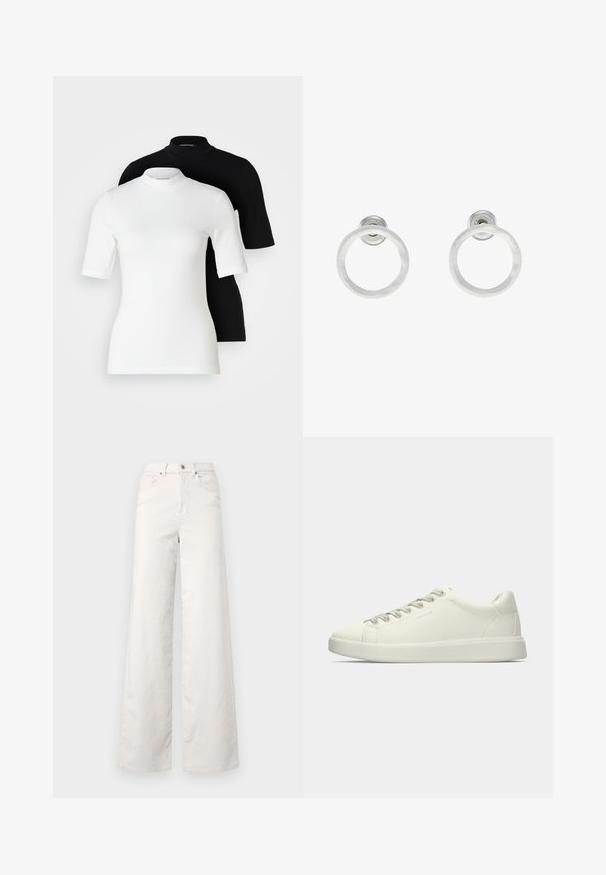 Dve krátke rukávy s rolákom: jedna biela a jedna čierna. Obe sú vyrobené z hladkého, elastického materiálu s priliehavým strihom a okrúhlym výstrihom.; ONLY Tall ONLHOPE GLOBAL HIGH WAIST WIDE - Nohavice - pumice stone; Biele nízke kožené tenisky s šnurovaním a plochou gumovou podrážkou zobrazené zboku na čistom pozadí.; Strieborné kovové náušnice vo forme kruhov s brúsenou textúrou, so zaobleným dizajnom a priehľadným zarážkou pre bezpečné nosenie.