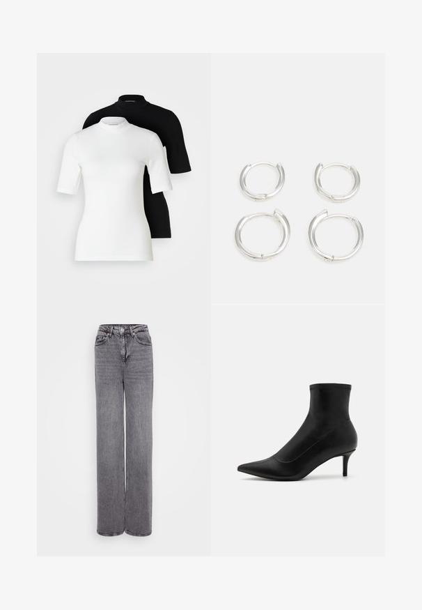 Kaks lühikese varrukaga kaeluspluus: üks valge ja teine must. Mõlemad on valmistatud siledast, venivast kangast ning neil on sobituvad siluetid ja ümarad kaelused.; Hallide vöökohtadega hallid teksad, otse jala disainiga, nupuga ja tõmblukuga kinnitamine, viis taskut ja tekstuuriga denimriie.; Mustad mustad madud mustast nahast, millel on terav varvas ja lühike, õhuke konts. Omab sujuvat disaini ja peeneid õmbluse aktsente.; Hõbedased hõbesõrmed, millel on sile, poleeritud viimistlus. Kaks paari, millel on veidi erinev suurus. Lihtne, ringikujuline disain, kerge.