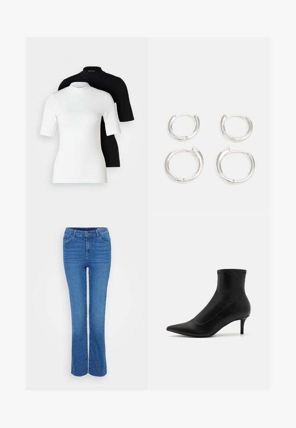 Dve krátké rukávy s rolákem: jedna bílá a jedna černá. Obě vyrobené z hladkého, elastického materiálu s přiléhavým střihem a kulatým výstřihem.; Rozšířené modré džíny s středním pasem, designem pěti kapes a jemným zesvětlením v přední části, s poutky na opasek a zapínáním na zip.; Černé kotníkové boty z hladké kůže s špičatou špičkou a krátkým tenkým podpatkem. Mají bezproblémový design a jemné zdobení švy.; Stříbrné kruhové náušnice s hladkým, lesklým povrchem. Dvě velikosti, které se mírně liší. Jednoduchý, kulatý design, lehké.