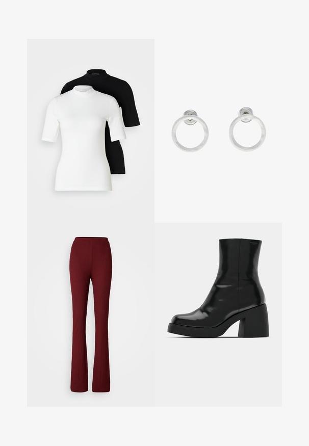 Kaks lühikese varrukaga kaeluspluus: üks valge ja teine must. Mõlemad on valmistatud siledast, venivast kangast ning neil on sobituvad siluetid ja ümarad kaelused.; Burgundia laiad püksid, millel on rebenev tekstuur, elastne vöökoht ja täispikk disain.; Mustad mustad, läikiva viimistlusega, ruudukujulise varbaga ja paksu plokktallaga. Kujundus sisaldab sujuvat siluetti ja minimaalset brändimist.; Hõbedased metallist rõngastooted, millel on harjatud tekstuur, ümmargune disain ja selge tagumine post, tagamaks kindlat kandmist.