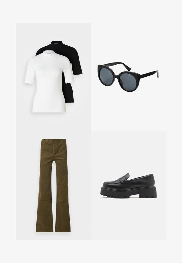 Kaks lühikese varrukaga kaeluspluus: üks valge ja teine must. Mõlemad on valmistatud siledast, venivast kangast ning neil on sobituvad siluetid ja ümarad kaelused.; Olive rohelised kaltsukad, millel on nööbiga kinniti ja lukuga esiosa. Omab esipokette ja pehmet, tekstuurset pinda.; Mustad mustad nahast loaferid madala, tükkidega kummitaldaga, ülaosas tikitud detailide ja siledaga tekstuuriga.; Mustad ülemõõdulised prillid kassikujulise raamiga, tumedate toonidega läätsed ja läikiv plastikraam. Omab tugevaid templeid toetuseks.