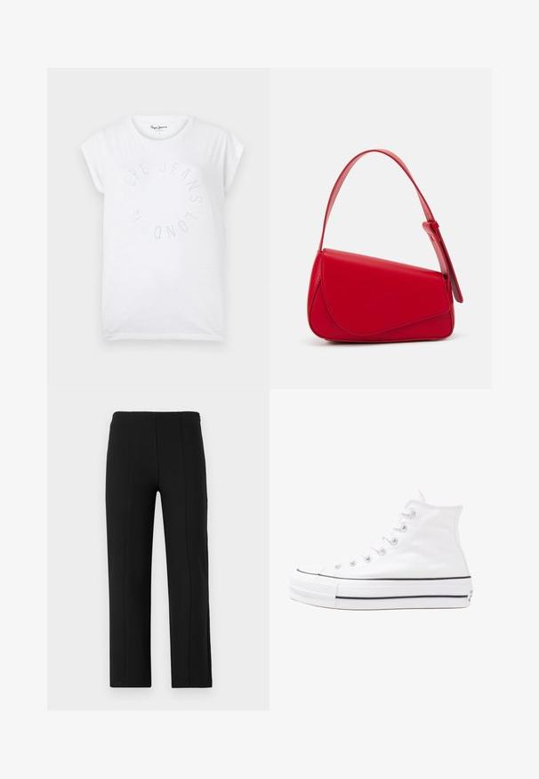 Biela bavlnená tričko s okrúhlym výstrihom a krátkymi rukávmi. Obsahuje kruhový textový dizajn v malých bodoch s nápisom "Pepe Jeans London."; Čierne nohavice s rovnými nohavicami. Majú hladkú textúru, žiadne viditeľné zapínanie a predné švy pre zvýraznenie štruktúry.; Biele vysoké plátené tenisky s čiernou gumovou podošvou, prednou gumovou špičkou a šiestimi okami na šnúrky, s čistým, minimalistickým dizajnom.; Červená kožená kabelka s ostrým, geometrickým dizajnom. Má jeden nastaviteľný popruh a uzatváranie na klopu so šitím.