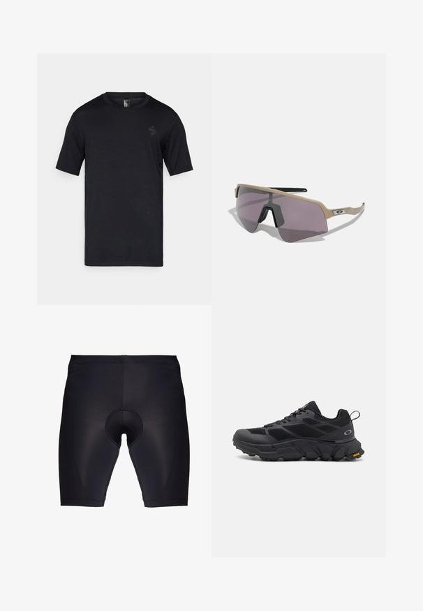 Fekete, rövid ujjú póló puha anyagból, kerek nyakkal és diszkrét logóval a bal mellrészen.; Fekete kerékpáros rövidnadrág, rugalmas anyagból készült, párnázott ülőrésszel, sima tapintású és kényelmes, testhezálló kialakítással.; Fekete sportcipők masszív talppal, hálós és szintetikus felsőrésszel, texturált díszítésekkel és Vibram márkázással a külső talpon.; Oakley SUTRO LITE SWEEP UNISEX - Napszemüvegek - prizm road black