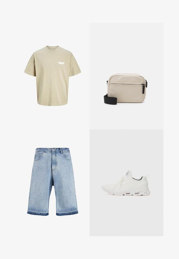 Béžové bavlnené tričko s okrúhlym výstrihom a krátkymi rukávmi, s bielym logom potlačeným na ľavej hrudi. Jednoduchý, voľný strih.; Svetlomodré džínsové šortky s roztrhnutým lemom, ponúkajúce klasický dizajn s piatimi vreckami a predným zapínaním na gombík. Trochu vyblednutý odtieň.; Biele športové topánky so štruktúrovaným pleteným zvrškom, plochými šnúrkami a odpruženou podrážkou s viditeľnými vzduchovými komorami pre dodatočnú podporu.; Kremovo sfarbená kordová crossbody taška s čiernym zipsom, odnímateľným popruhom a textúrovaným vzorom. Obsahuje jednu hlavnú priehradku a predný vrecko.