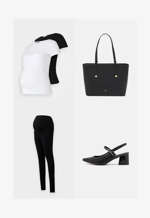 Svarte og hvite graviditet t-skjorter med kort erm, laget av mykt bomullsmateriale, med et lagdelt design og en sammenrullet del for en voksende mage.; Sorte svangerskapsleggings med støttende liv for over magen. Laget av stretch-stoff, har en slim fit og klassisk fem-lommer design.; Sorte lakk lær slingback hæler med spiss tå, et avrundet utskjæringsdesign og blokkheel. Har en gulltone spenne som detalj.; Svart totebag laget av syntetisk materiale, med et enkelt rektangulært design, gullfargede firkantede detaljer og doble håndtak.