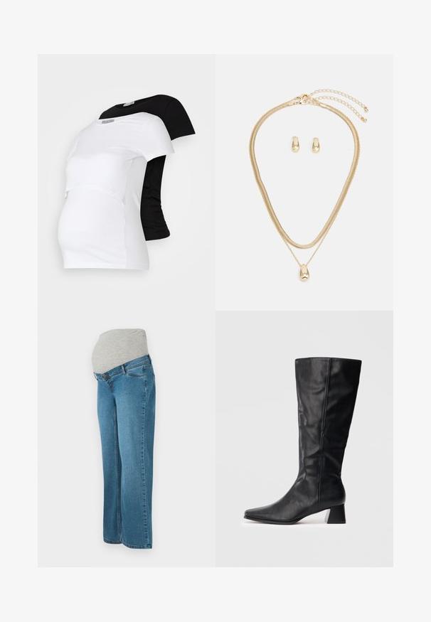 Juodos ir baltos nėštukių marškinėliai, trumpomis rankovėmis, pagaminti iš minkštos medvilnės medžiagos, su sluoksniuota dizaino struktūra ir surinkta dalimi, skirta augančiam pilvui.; Nėščiųjų džinsai su mėlyno džinsinio audinio kojomis ir pilkos spalvos elastinga juosta, skirta patogiai pritaikyti nėščio pilvo formai.; Juodas odinis vidutinio ilgio botas su smailiu kojų pirštu ir blokuotu kulnu ant vienspalvio šviesaus fono.; Auksinis papuošalų komplektas, kuriame yra sluoksniuota karoliai su ašaros formos pakabuku ir atitinkamos stud auskarai, visi su blizgiu paviršiumi.