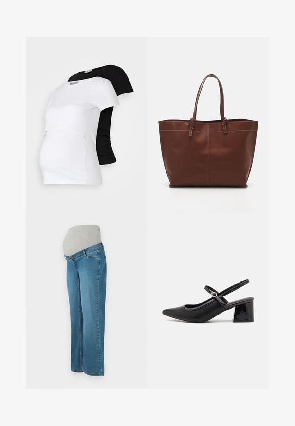 Melnas un baltas grūtniecības T-krekli, īsām piedurknēm, no mīkstas kokvilnas, ar slāņu dizainu, kas ietver savilkta sadaļu augošam vēderam.; Grūtniecības džinsi ar zilu denim kāju daļu un pelēku elastīgu jostu, kas izstrādāta, lai pielāgotos grūtniecības vēderam.; Melns patentēts ādas sandales ar norādīta pirksta formu, noapaļotu izgriezuma dizainu un bloķētu papēdi. Iezīmēta ar zelta toņa sprādzi.; Brūns ādas somas ar divām rokturām, iekļauj kontrastējošas šuves un plašu dizainu, piemērota ikdienas lietošanai.