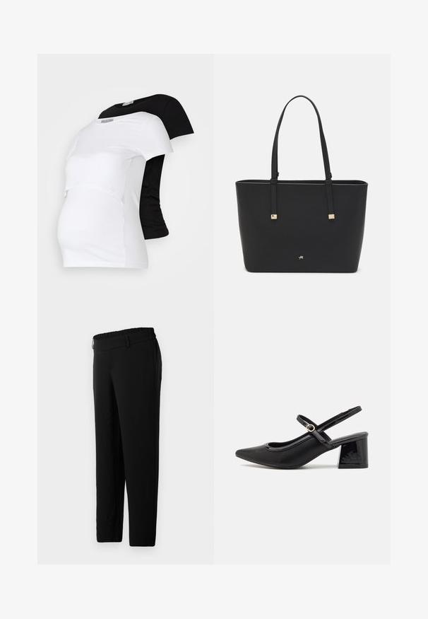 Czarno-białe koszulki ciążowe, z krótkim rękawem, wykonane z miękkiego bawełnianego materiału, z wielowarstwowym krojem i marszczoną częścią na rosnący brzuch.; Czarne spodnie wykonane z gładkiej, elastycznej tkaniny. Posiadają elastyczny pasek w talii oraz kieszenie boczne. Prosty krój nogawki zapewnia swobodne dopasowanie.; Czarne lakierowane czółenka na słupku ze spiczastym noskiem, lekko zaokrąglonym wycięciem i obcasem w kształcie bloku. Posiadają złotą klamrę jako akcent dekoracyjny.; Czarna torba typu tote wykonana z materiału syntetycznego, z prostym prostokątnym wzorem, złotymi kwadratowymi akcentami i podwójnymi uchwytami.