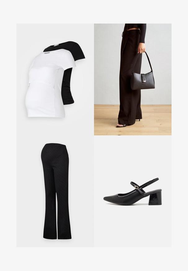 Črne in bele majice za nosečnice, kratki rokavi, mehka bombažna tkanina, s slojevitim dizajnom in zatezanim delom za rastoči trebuh.; Črne razširjene hlače z elastičnim pasom, ki imajo subtilen diamantni vzorec po celotni površini. Preprost dizajn, brez vidnih kovinskih delov.; Črne patentne usnjene salonarce s slingback obliko, s koničastim nosom, zaobljenim izrezom in blok peto. Imajo zlato kovinsko zaponko kot dodatno okrasje.; Črna torbica z strukturirano obliko, gladko teksturo in kovinskim zaponko. Ujemajo se z širokimi črnimi hlačami in odprtimi sandali na lesenem tleh.