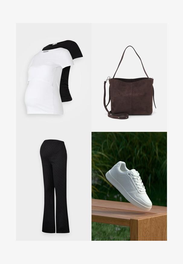 Black and white maternity t-shirts, short sleeves, soft cotton material, featuring a layered design with a gathered section for a growing belly.; Black flared pants with an elastic waistband, featuring a subtle diamond pattern texture throughout. Simple design, no visible hardware.; White sneaker with a smooth synthetic upper, perforated toe box, flat laces, and a textured sole, displayed on a wooden surface.; Brown suede tote bag with a soft texture, featuring a single shoulder strap and a subtle curved top opening. No visible hardware details.