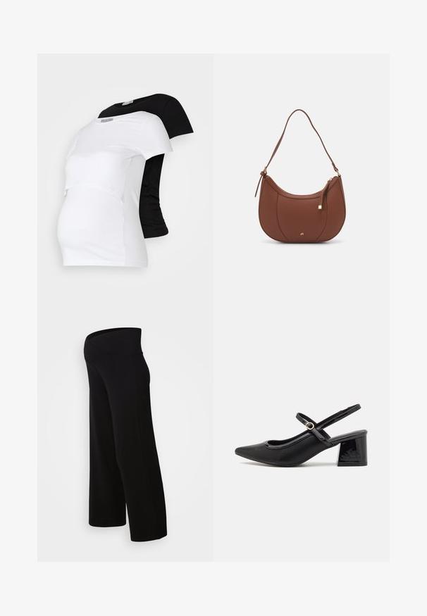 T-shirt da maternità in bianco e nero, maniche corte, in morbido cotone, con un design a strati e una sezione arricciata per un pancione in crescita.; Pantaloni larghi da gravidanza neri con vita alta, realizzati in tessuto morbido ed elastico. Presentano una vestibilità rilassata e una texture liscia.; Décolleté in vernice nera con cinturino dietro, punta affusolata, design con ritagli arrotondati e tacco a blocco. Presenta un accento di fibbia tono oro.; Borsa a spalla in finta pelle marrone con forma curvata, cuciture minime e un accento in metallo dorato. Presenta una chiusura con zip superiore e una tracolla regolabile.