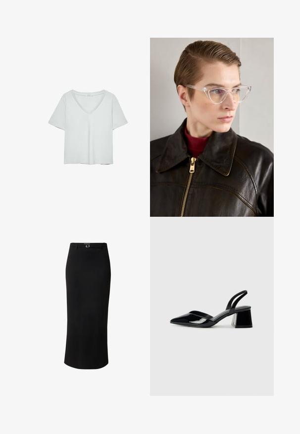 Hellgraues T-Shirt mit kurzen Ärmeln und V-Ausschnitt, aus weichem Material gefertigt; verfügt über eine lockere Passform und saubere Nähte ohne Muster.; Schwarzer Bleistiftrock aus glattem Stoff, mit einem mittellangen Design, Gürtelschlaufen und einem rechteckigen silberfarbenen Schnallendetail.; Schwarze Lackleder-Slingback-High Heels mit spitzem Schuh und einem geometrischen Blockabsatz. Verfügt über ein schlankes, minimalistisches Design und eine glatte Textur.; Klarer Acetat Cat-Eye-Brillen mit gelb getönten Gläsern, getragen von einer Person in einer dunklen Lederjacke und rotem Rollkragenpullover. Glatte Textur.; Braune Leder-Tote mit glatter Textur, offenem Oberteil und zwei Schulterriemen. Verfügt über minimale Nähte und keine sichtbaren Beschläge.